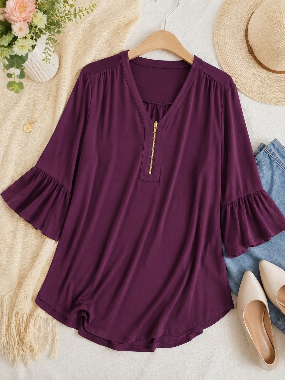 Roz & Ali Plum Bell Sleeve Zip Neck Blouse Size Large